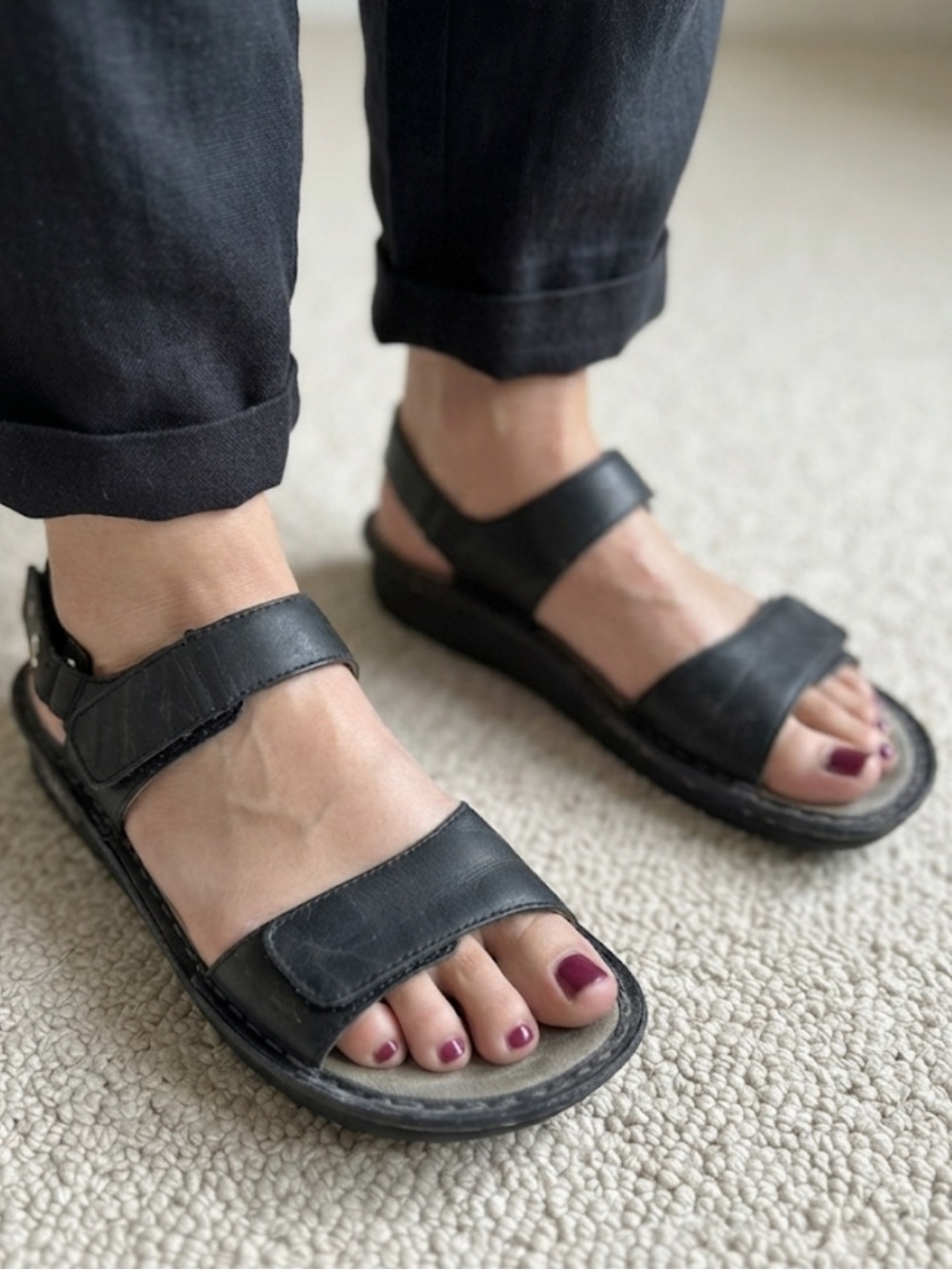 Black Alegria Leather Velcro Strap Sandals size 37